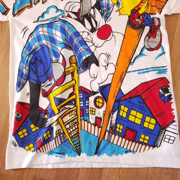 Looney Tunes Vintage 1995 AOP Sylvester Tweety Bird Cartoon Get A Life Tee Large - Picture 7 of 14